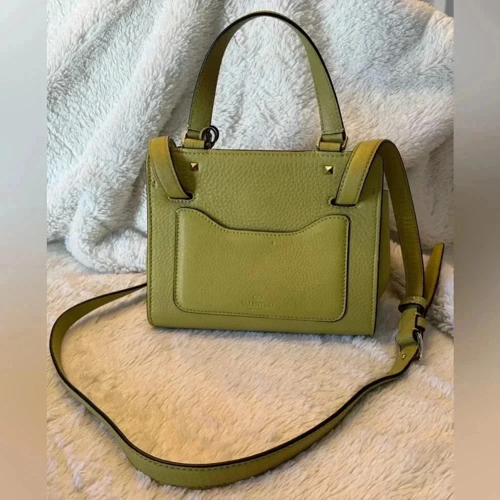 Valentino Garavani Rockstud Chartreuse Pebbled Leather Satchel Bag – EUC